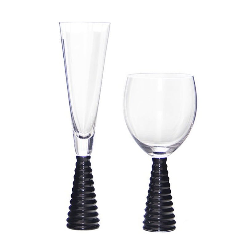 Decorative Wine & Champagne Glass Goblet Set - Threaded Black, Silver & Gold Options