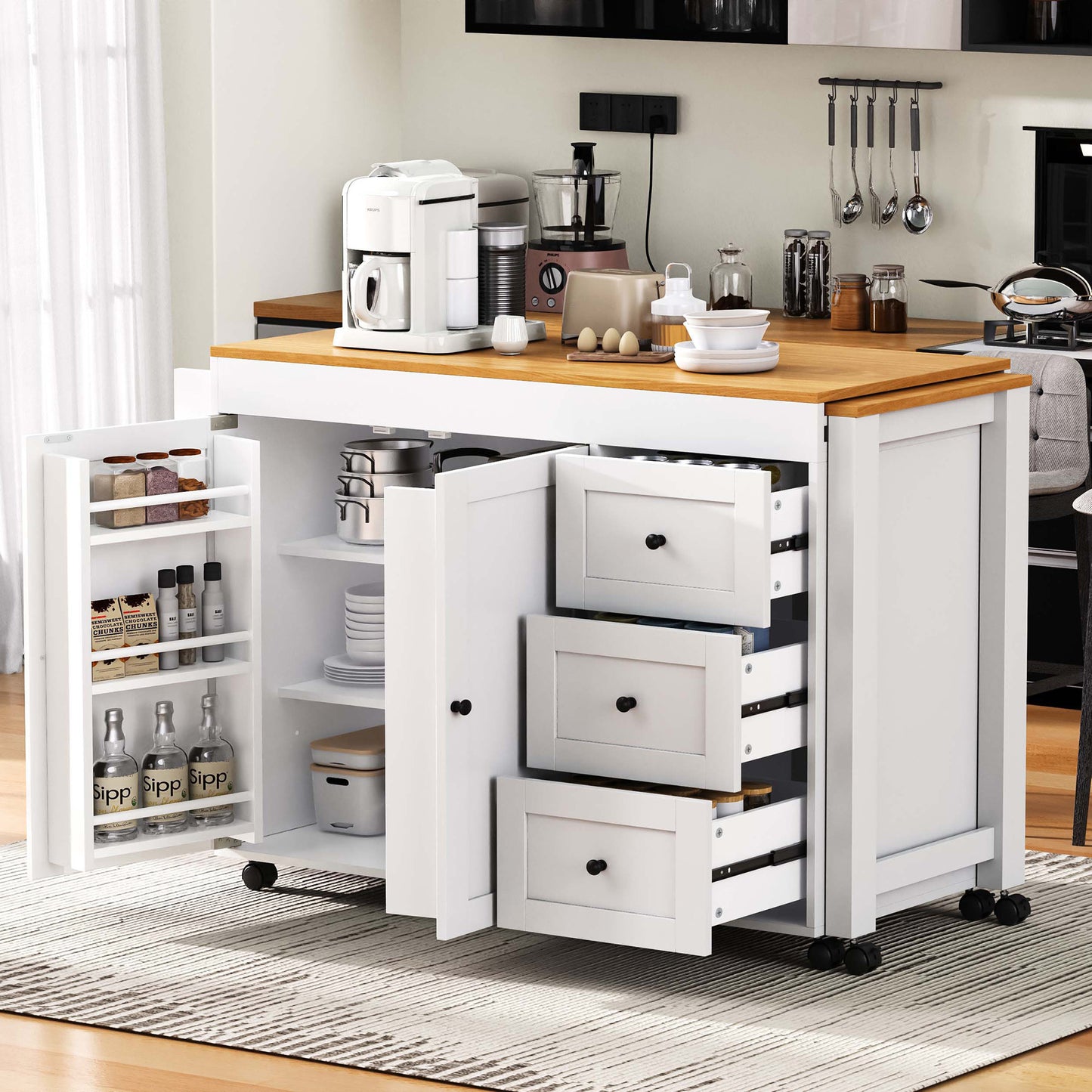 K&K 74.8 Kitchen Island With Extendable Dining Table, Storage Cart 3
