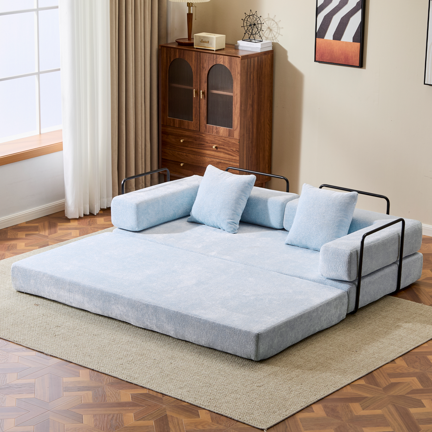 Convertible Floor Sofa Bed with Pillow Back Support - Light Blue