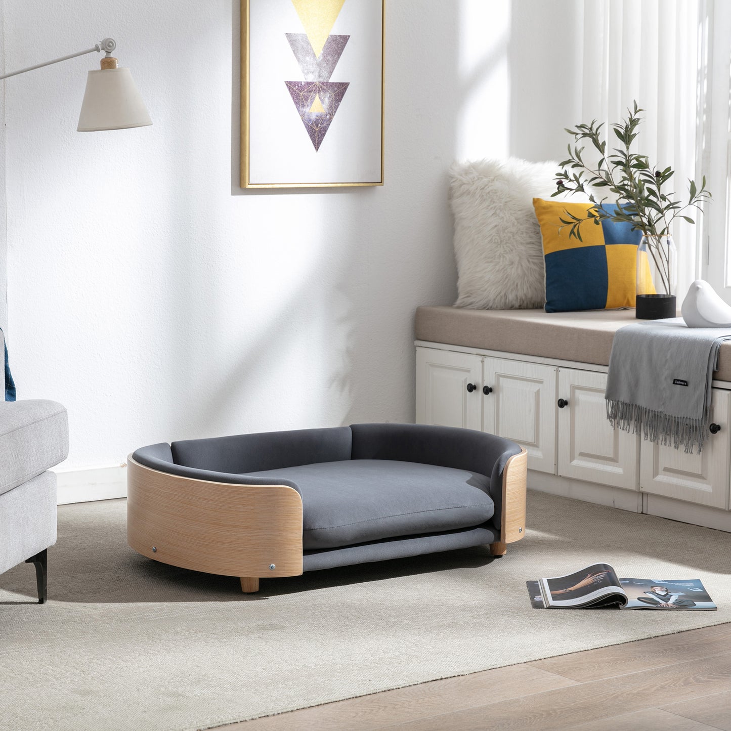 Large Scandinavian Style Elevated Dog Bed with Velvet Cushion and Solid Wood Legs