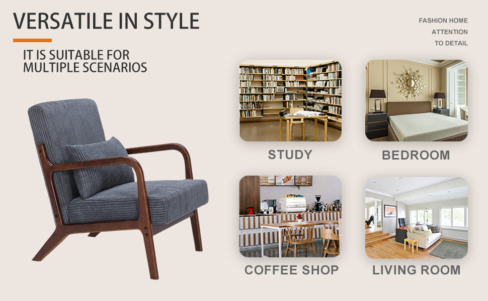 Mid-Century Modern Accent Chair - Antique Dark Grey Upholstered Armchair