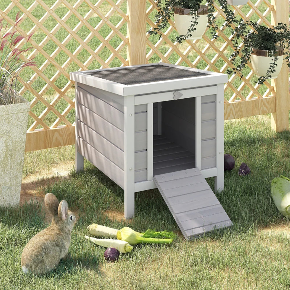 Outdoor Wooden Rabbit Hutch with Waterproof Roof & Raised Platform - Gray Pet House