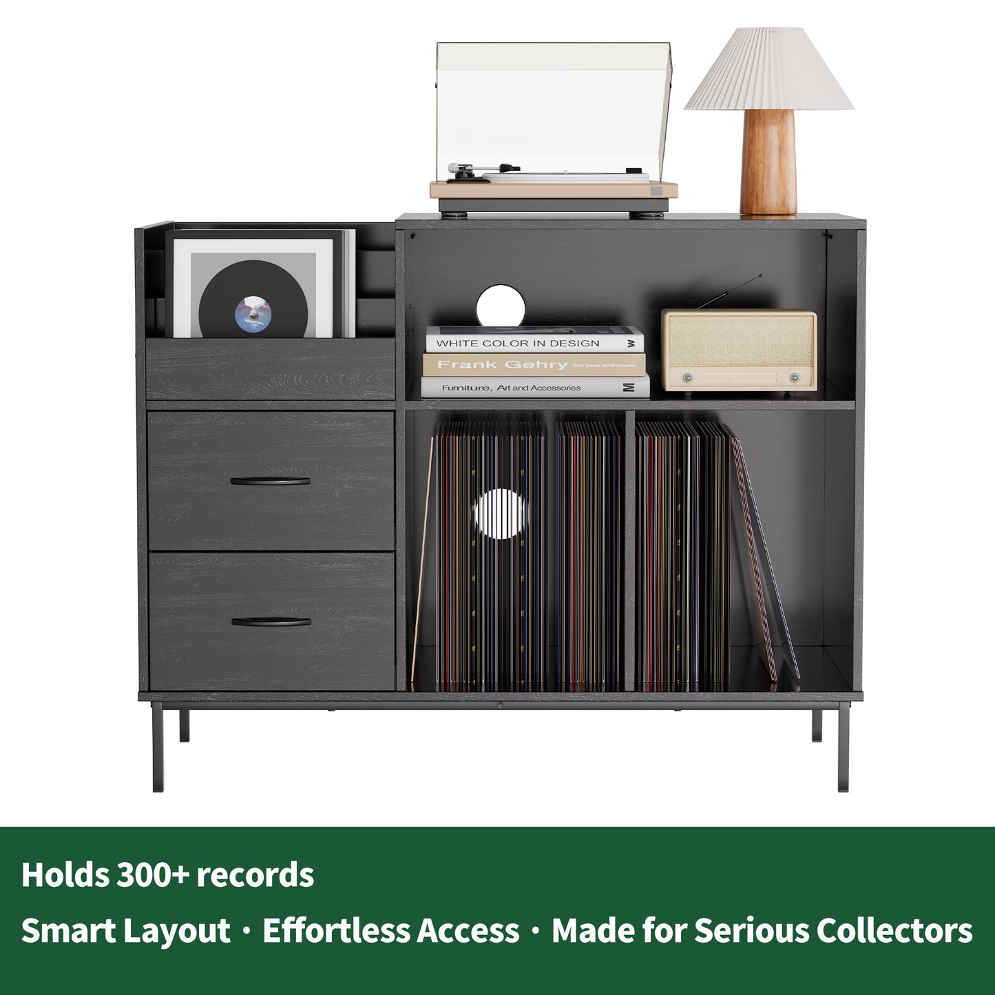 Eco-Friendly Record Player Stand With Flip-Top - Wood Vinyl Storage