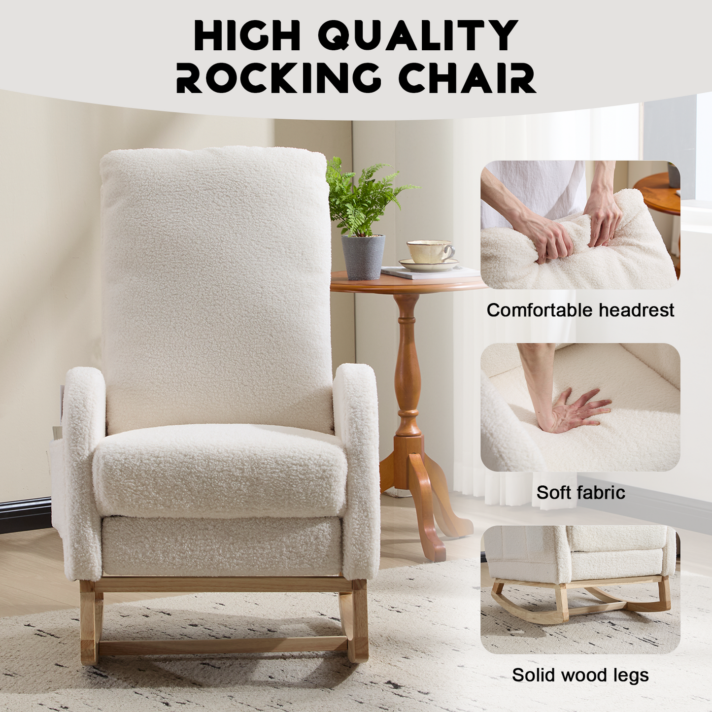 Upholstered Rocking Chair with Solid Wood Legs - White