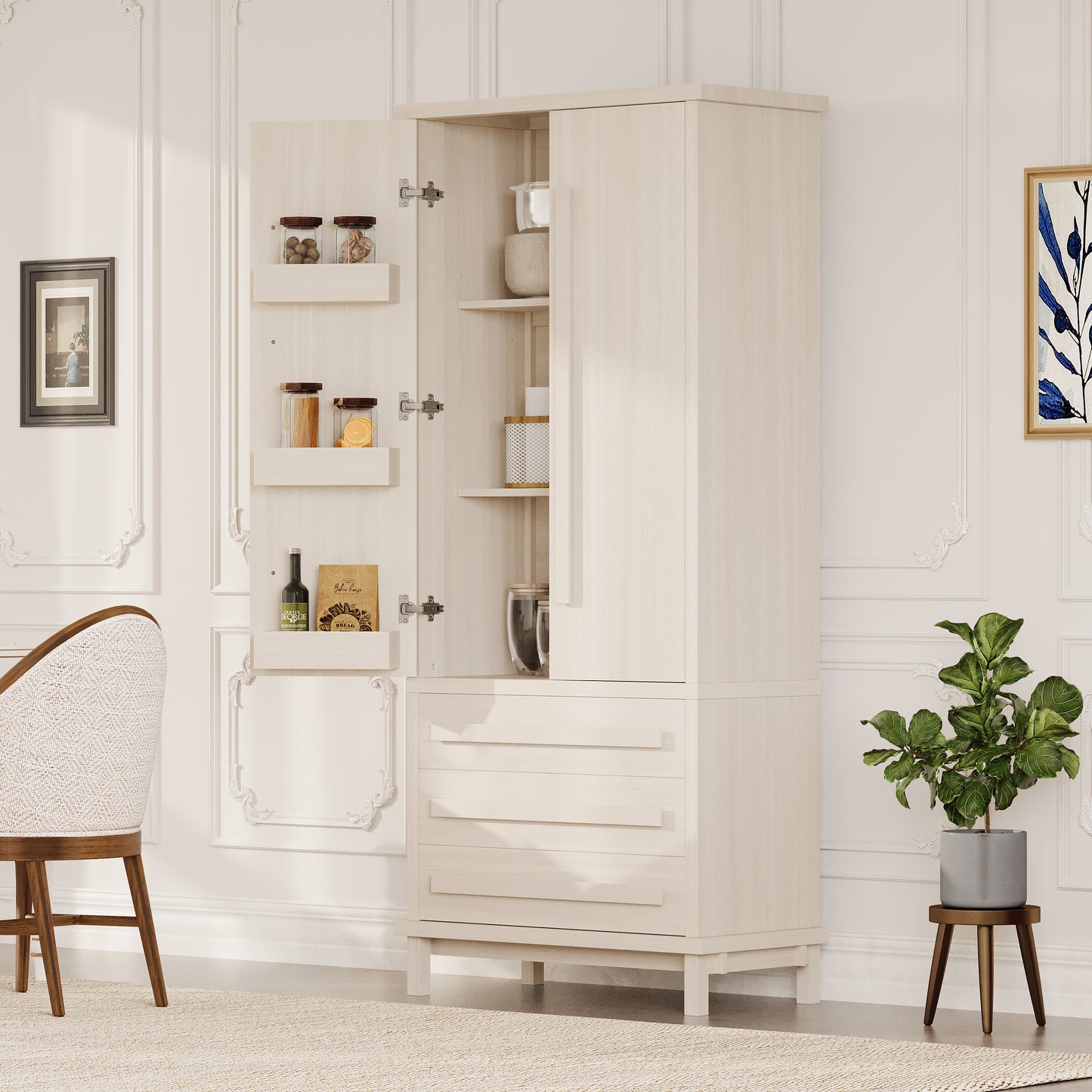 70" Kitchen Pantry Cabinet with Adjustable Shelves & Drawers - White
