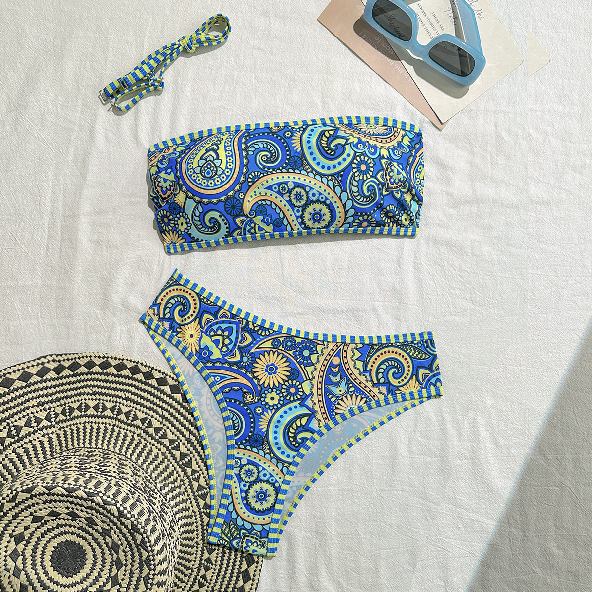 Women's Paisley Print Bandeau Bikini Set - Strapless & High Cut