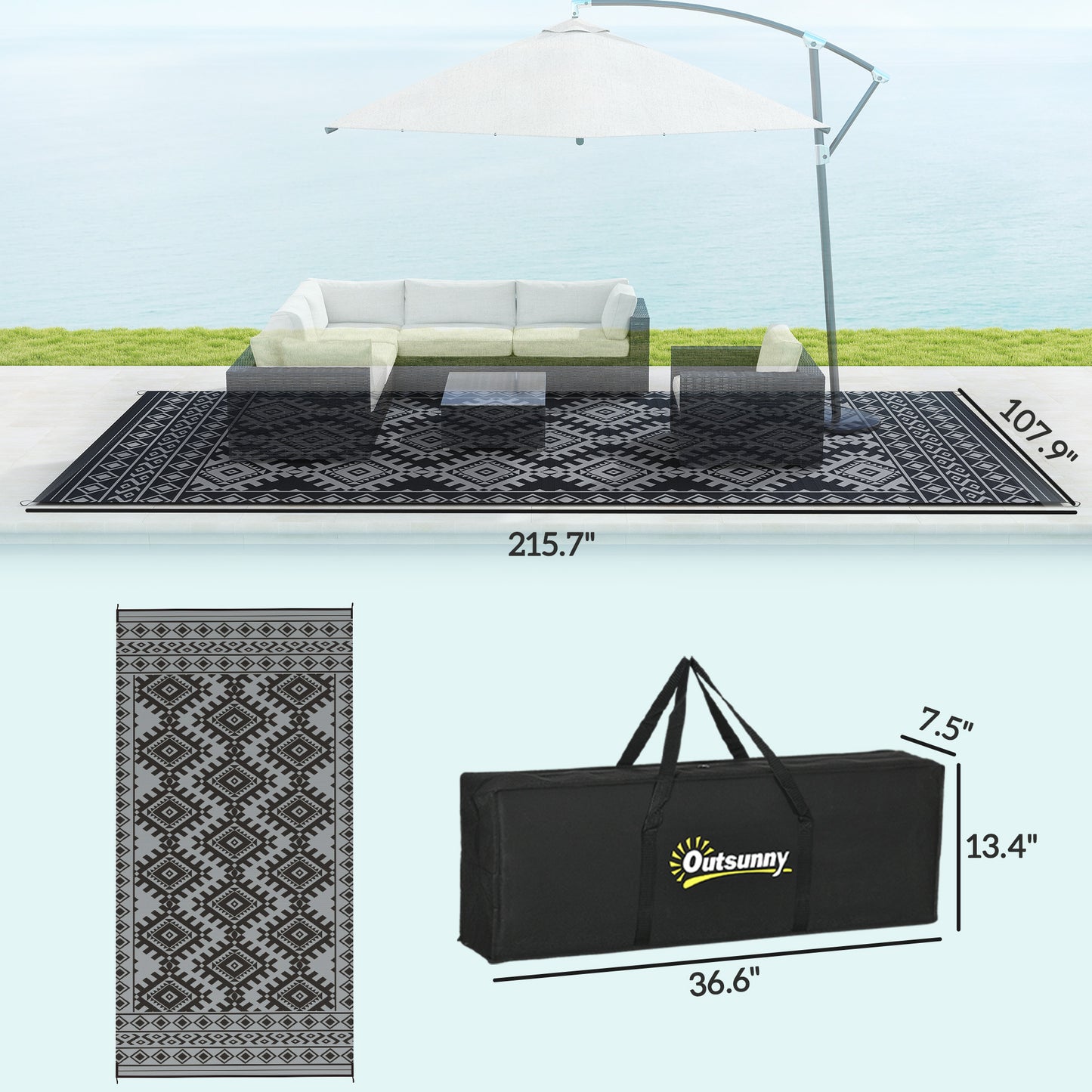 Reversible Outdoor Rug - Waterproof Plastic Straw, 9' x 18'