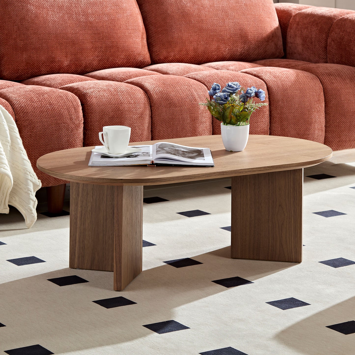 Modern Walnut Coffee Table - 39.37 Inch Oval MDF Design