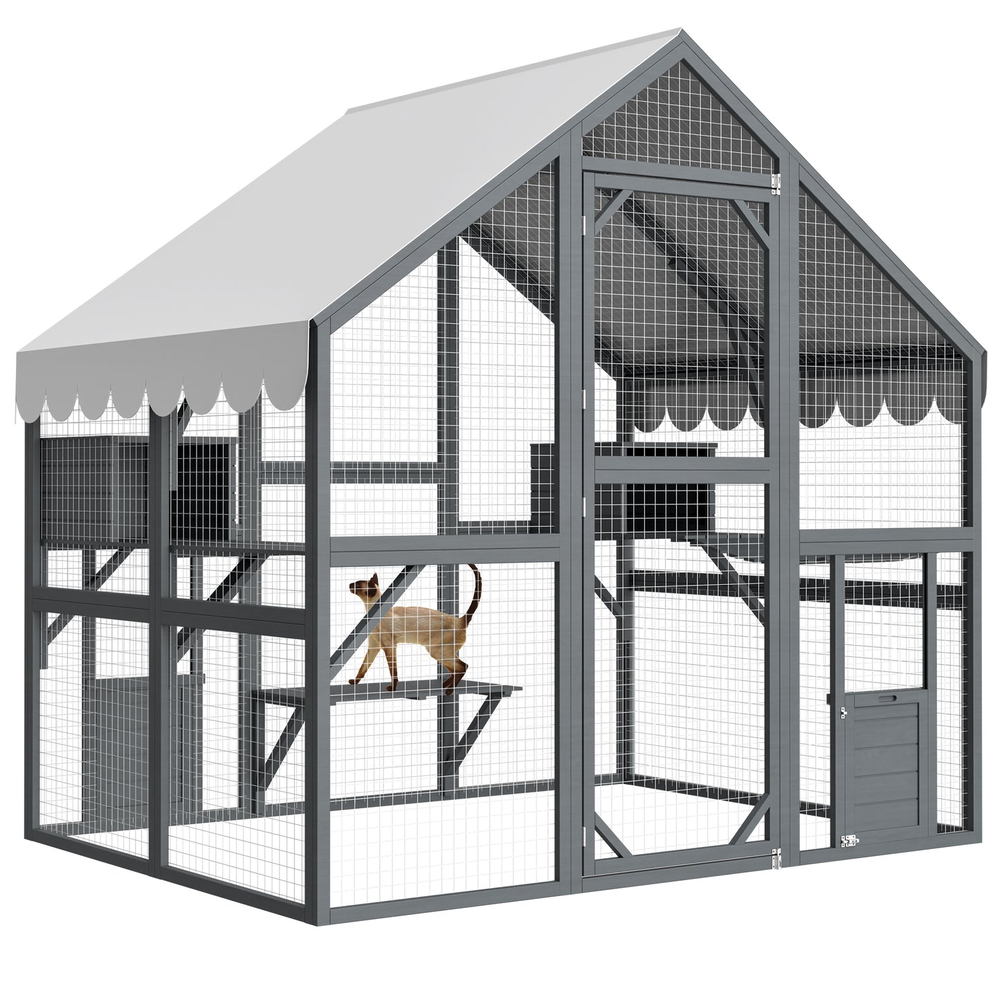 Outdoor Cat House with 2 Doors & Play Areas - Wooden Cat Enclosure, Grey