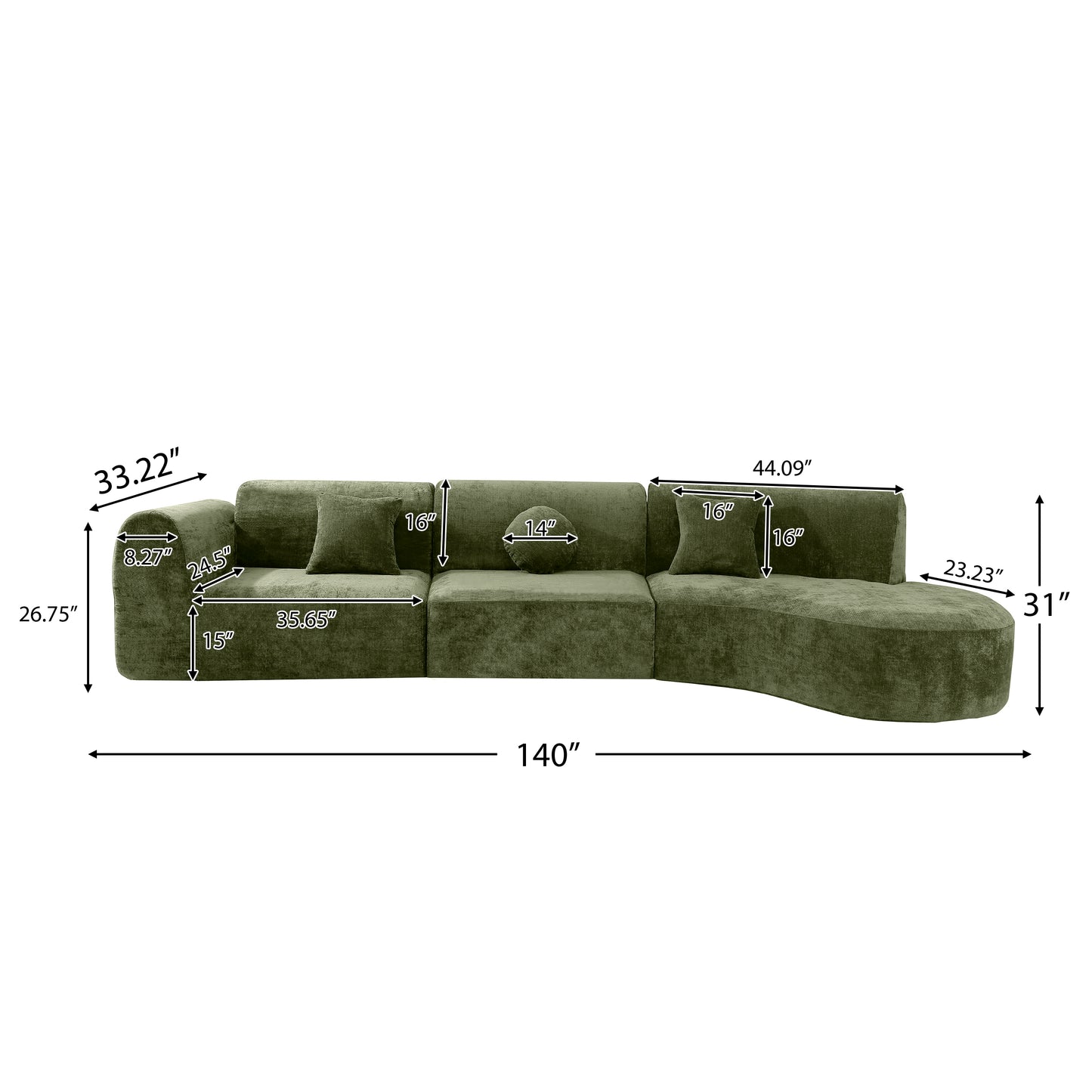 140" Curved Sectional Sofa with Chaise Lounge - Green