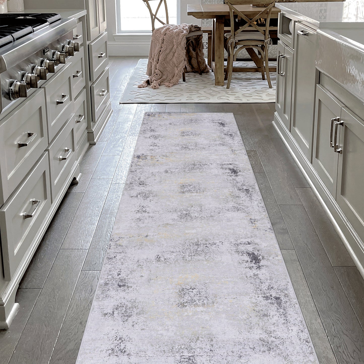 MAVAL Gold Washable Rug 2'6'' X 10' Runner Gray Gold,