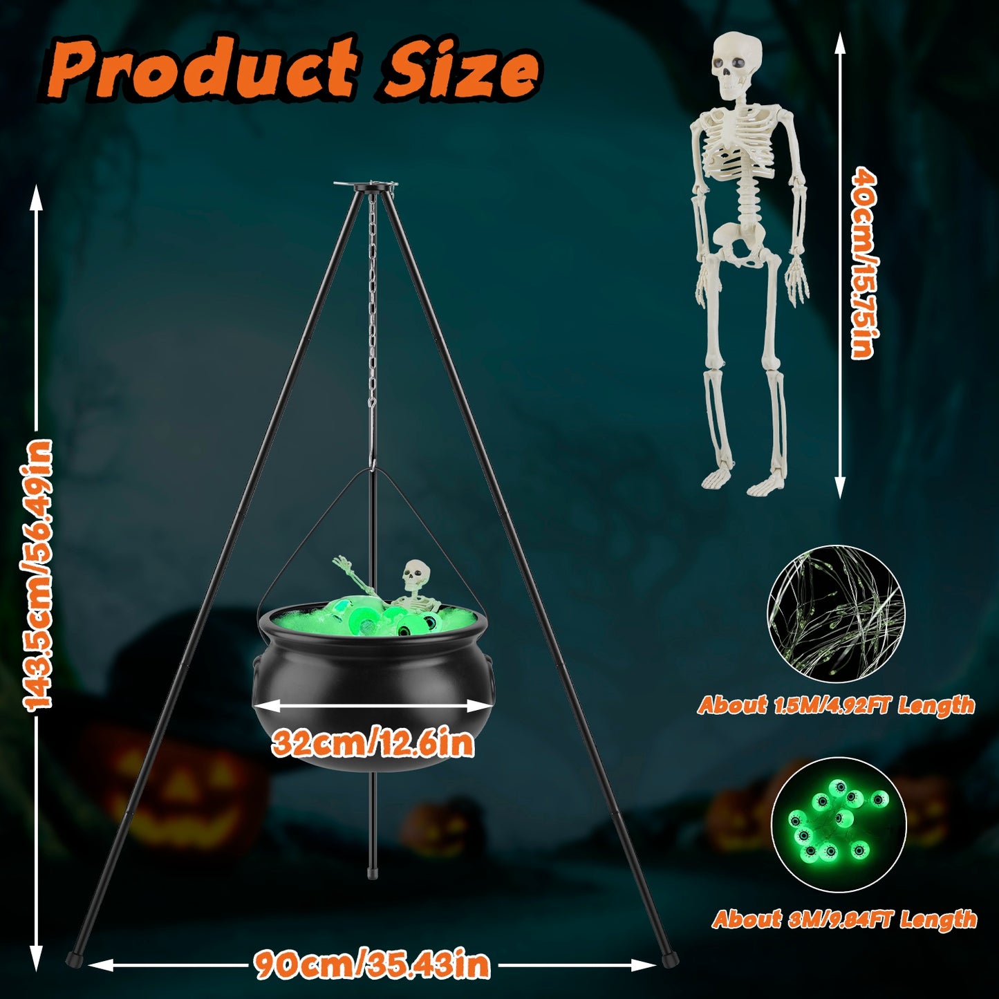 Halloween Witch Cauldron Decoration Set with Tripod & String Lights