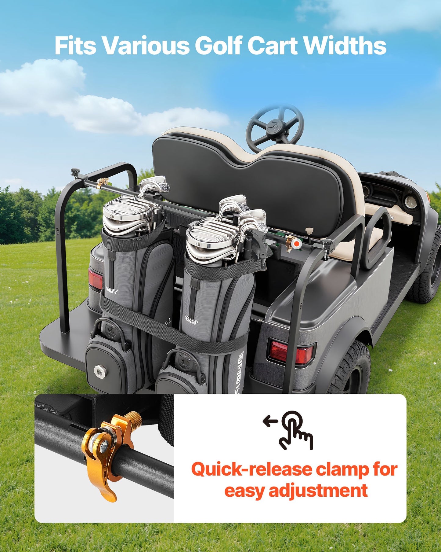Golf Cart Bag Holder Adjustable Steel Clamp for Most 2+2 Rear Seat Carts