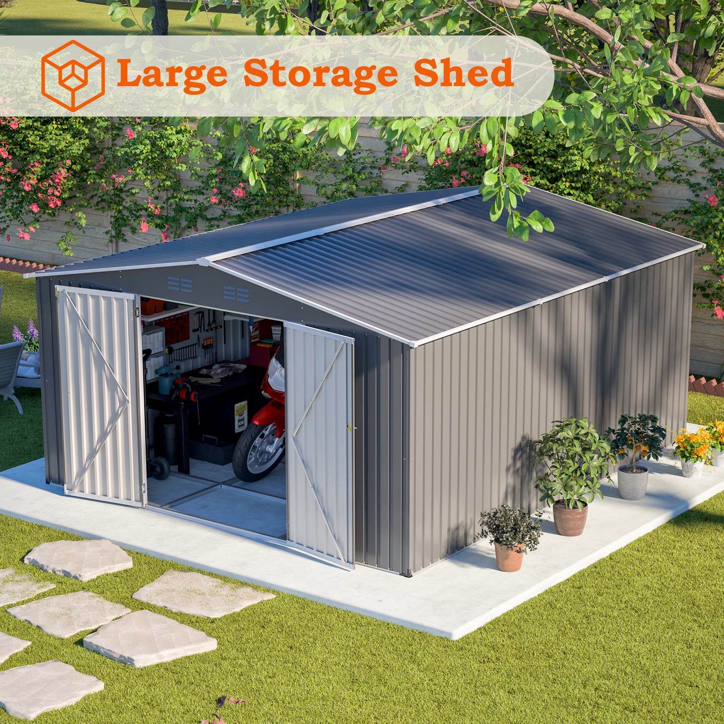 12x14 ft Outdoor Metal Storage Shed - Waterproof Garden Tool Shed
