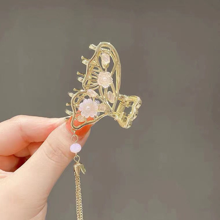 Gold Butterfly Hair Clip - Retro Elegant Fairy Small Tassel Shark Hair Accessory