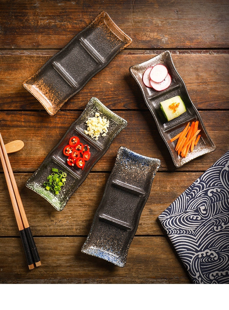 Rectangular Ceramic Sauce Dish with Three Grid Sections - Japanese Style Kitchenware