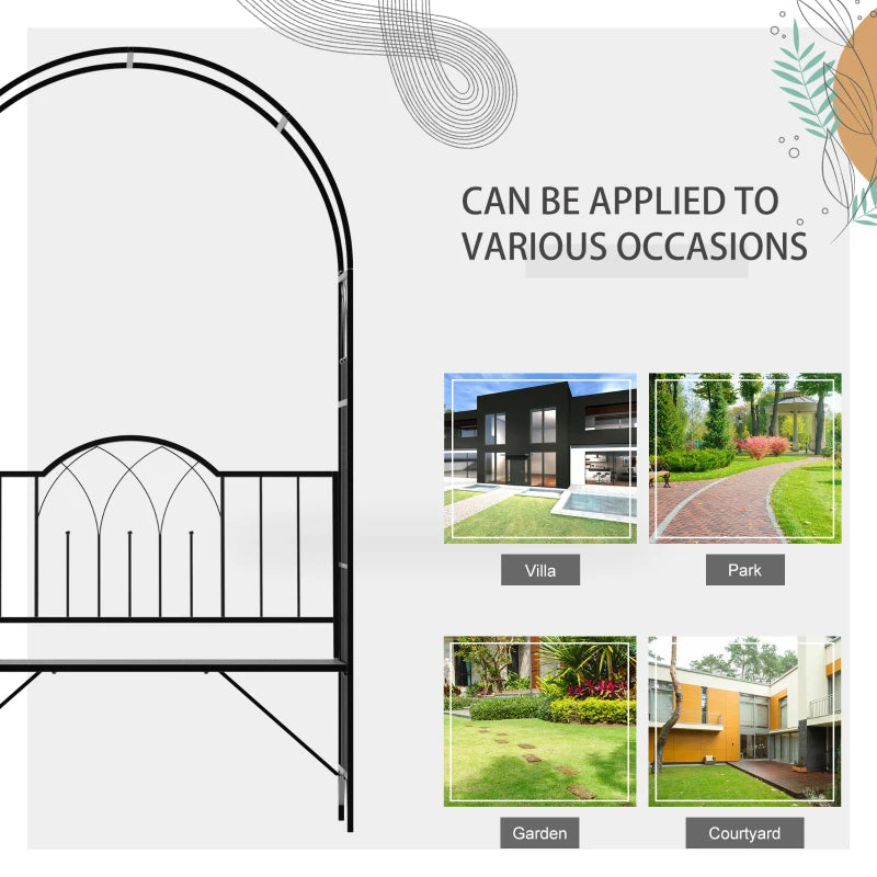 Outdoor Metal Trellis Arbor with Garden Bench for Climbing Plants, Black, 484 lbs Capacity