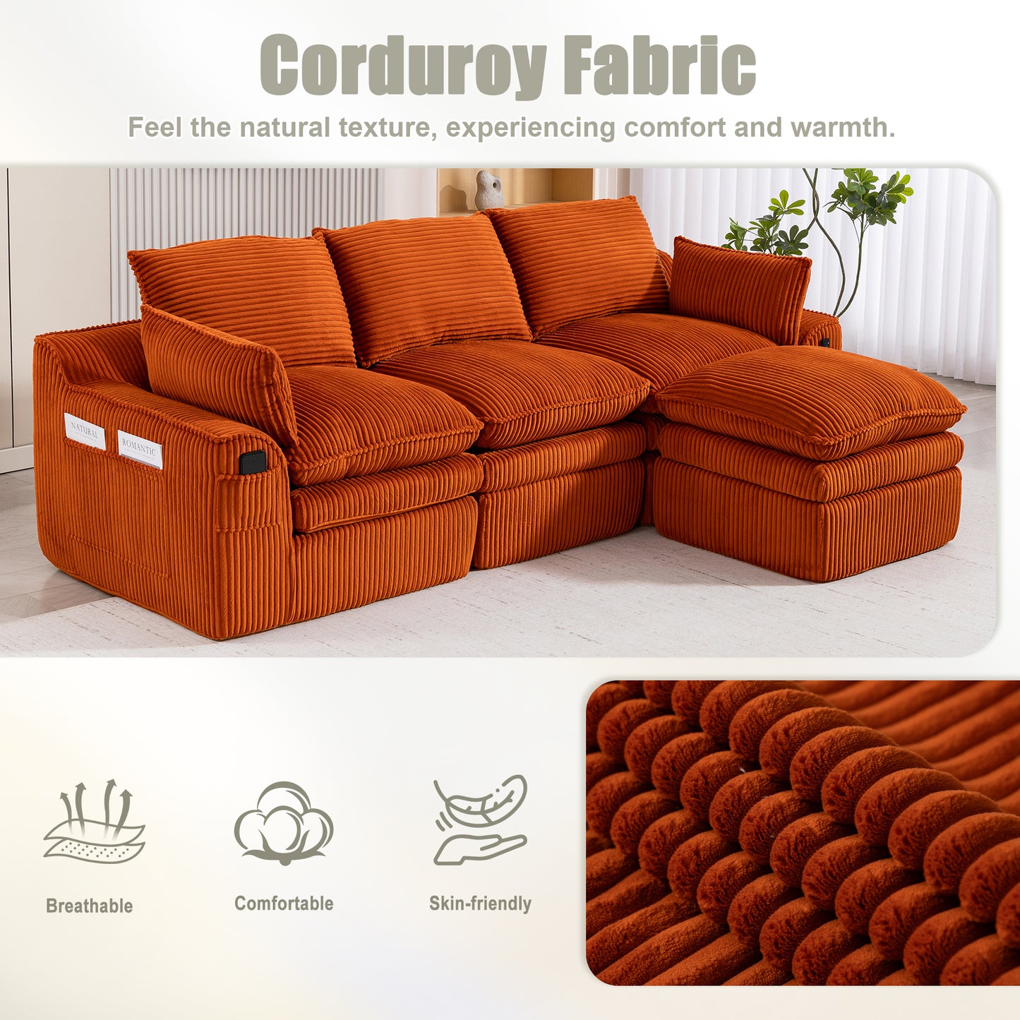 L-Shaped Modular Sectional Sofa - Modern Corduroy with Footstool - Orange