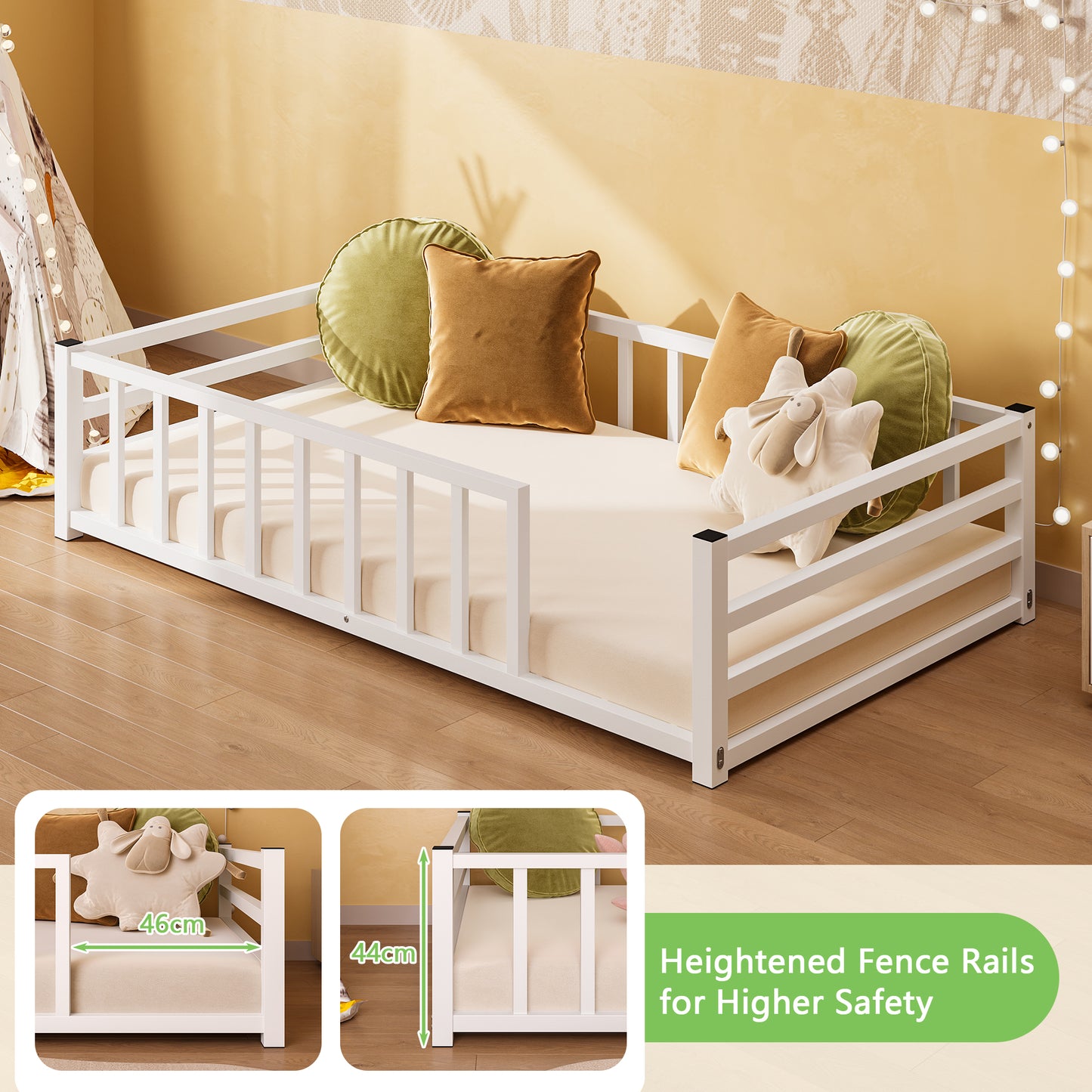Twin Size Low Profile Metal Bed Frame with Guardrails - White