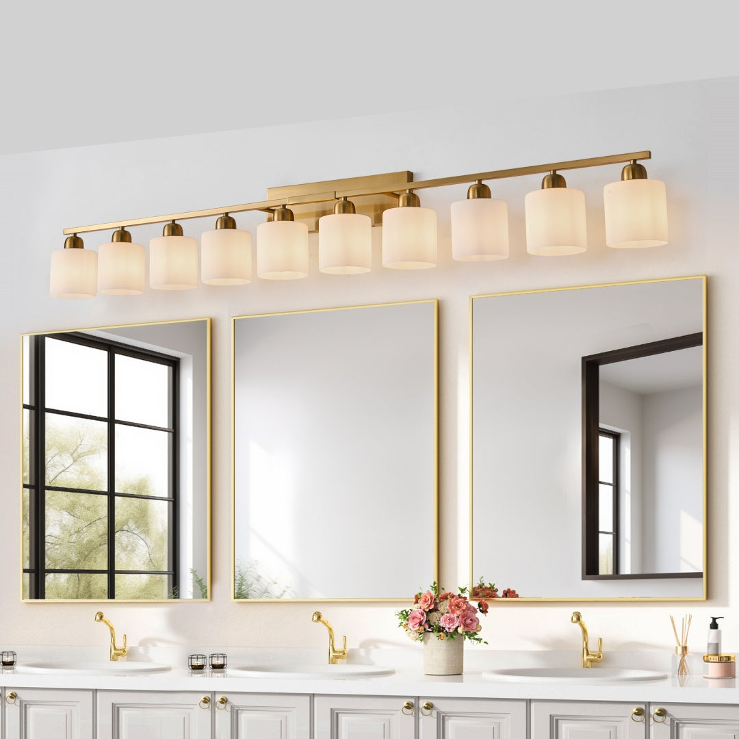 Gold Bathroom Vanity Light Fixture with Milky White Glass Shade