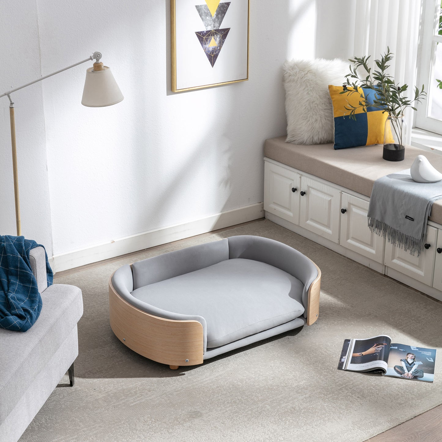 Large Scandinavian Style Elevated Dog Bed with Velvet Cushion and Solid Wood Legs