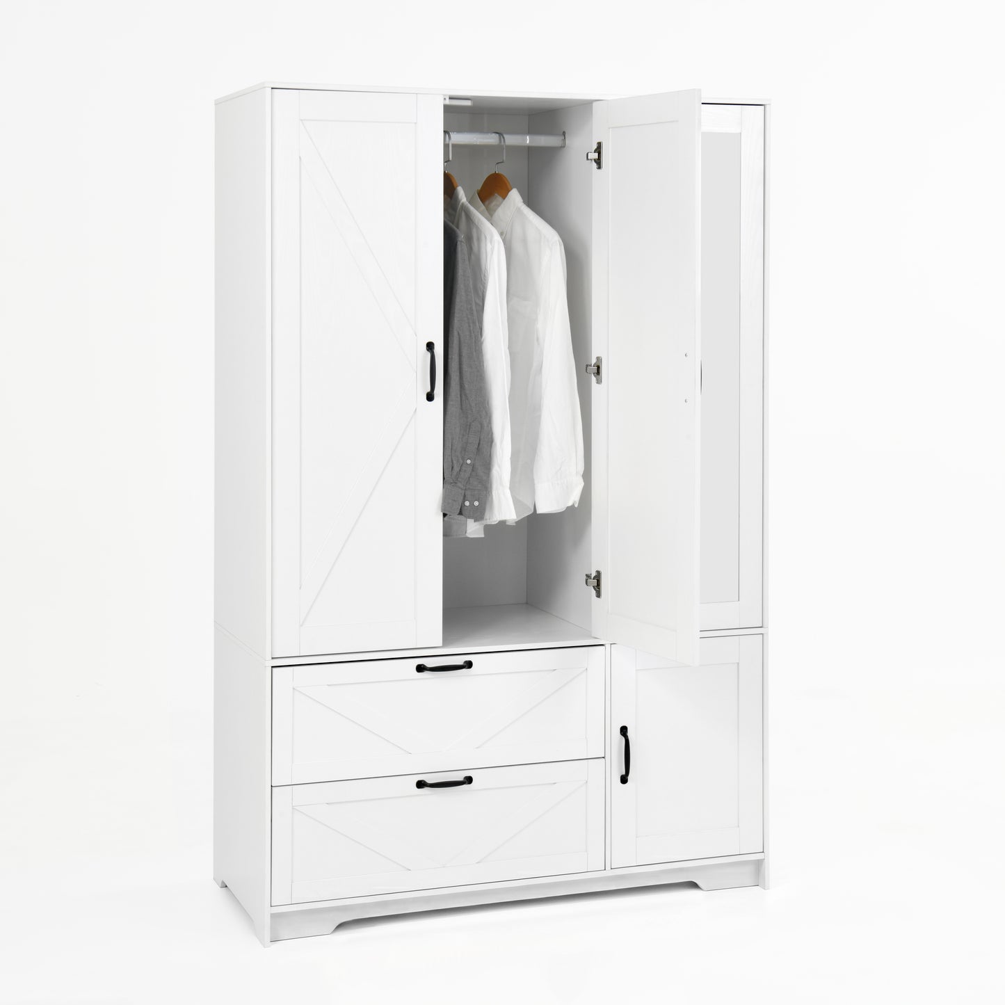 4-Door White Wardrobe Closet with Mirror & LED Lighting