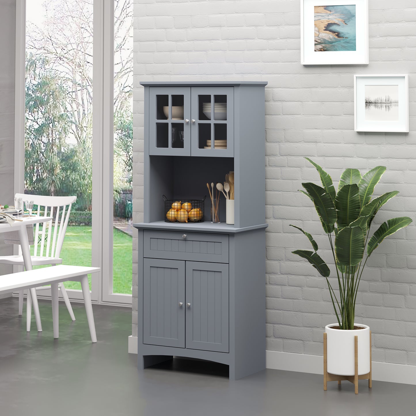 Elegant Kitchen Pantry Storage Cabinet with Hutch - Gray