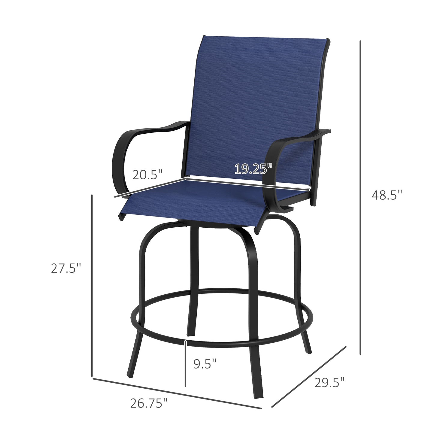 Outdoor Bar Stool Set of 2 - 360° Swivel Navy Blue Chairs
