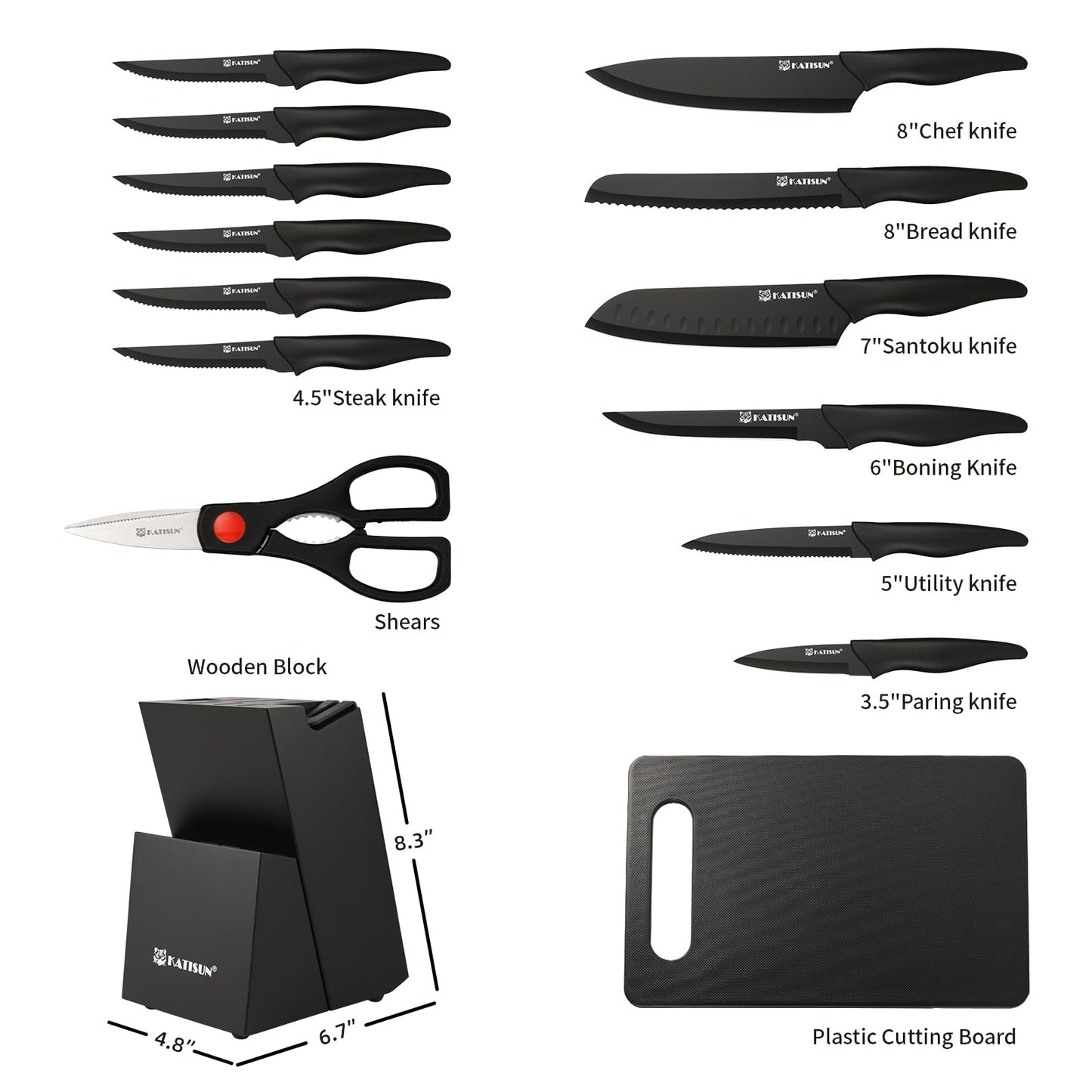16-Piece Kitchen Knife Block Set with Cutting Board - Black