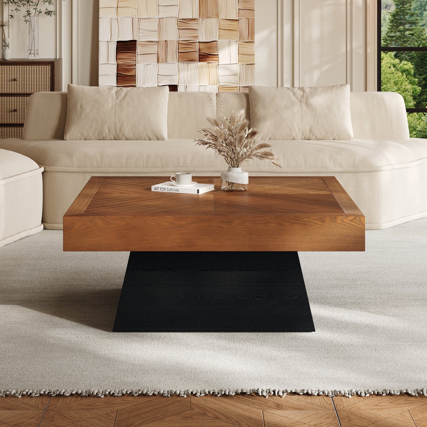 Modern Square Coffee Table - 31.5 Inch, Brown Wood Grain Top & Black Base