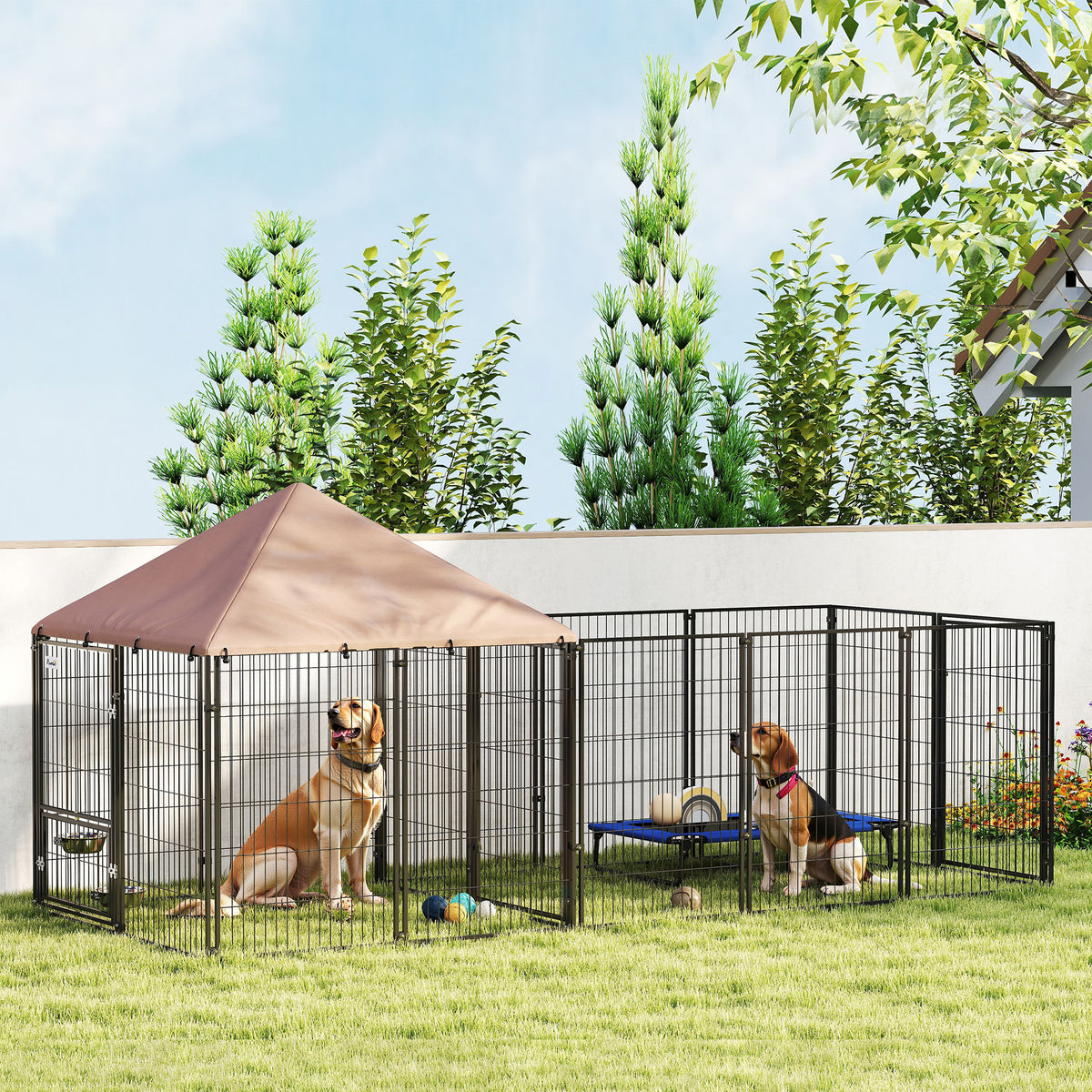 Large Outdoor Dog Kennel with Rotating & Adjustable Bowls, Waterproof Canopy