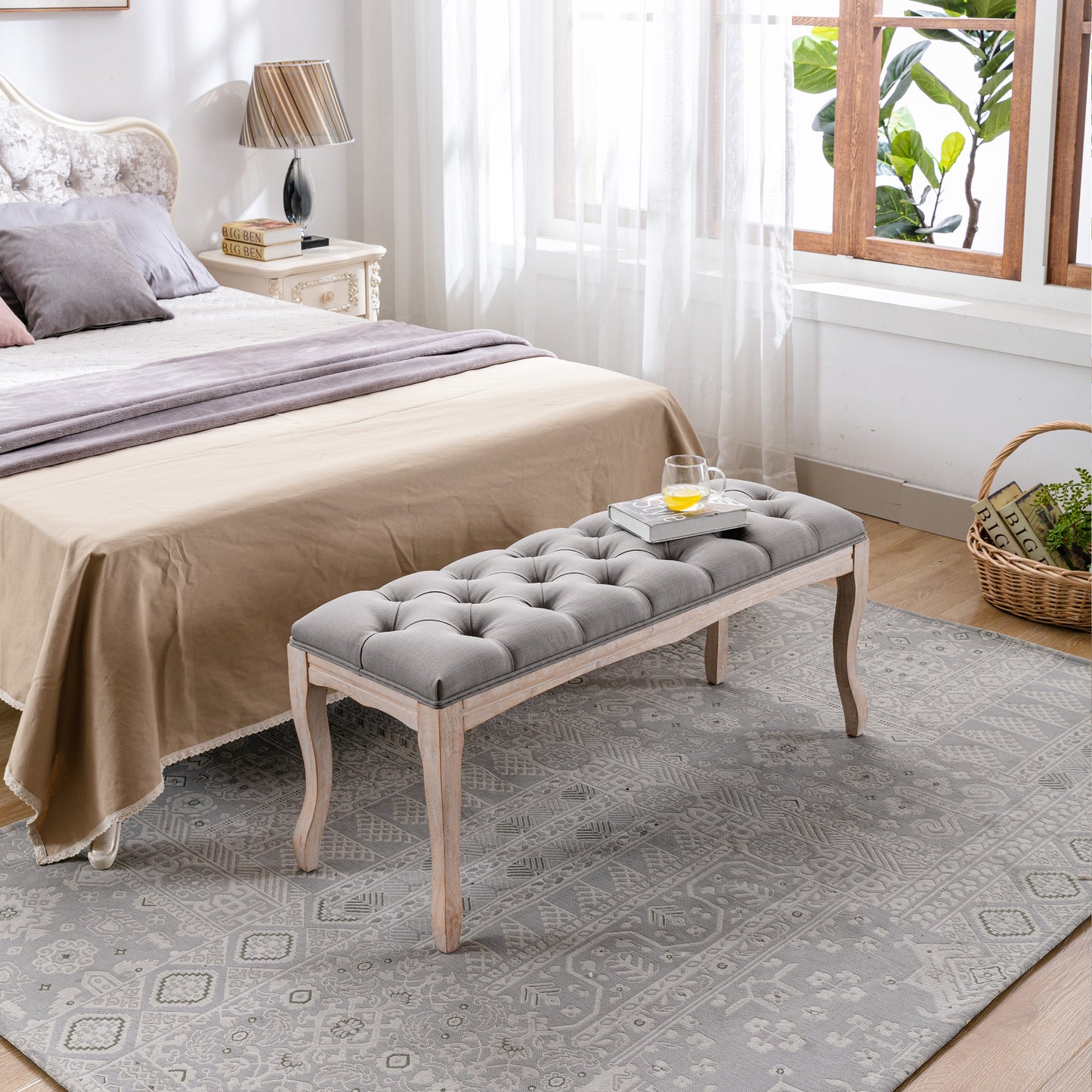 French Vintage Upholstered Bench - Grey Linen, 43.3"
