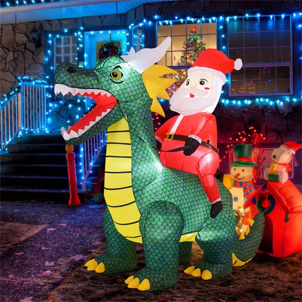 6.7ft Inflatable Santa Riding Dinosaur with LED Lights - Outdoor Christmas Decor