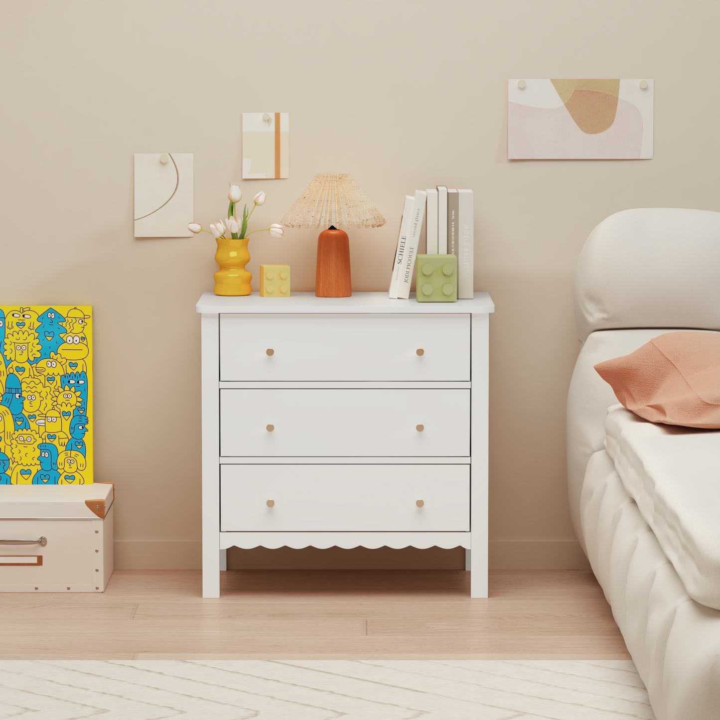 White 3 Drawer Dresser - Modern MDF Storage Cabinet
