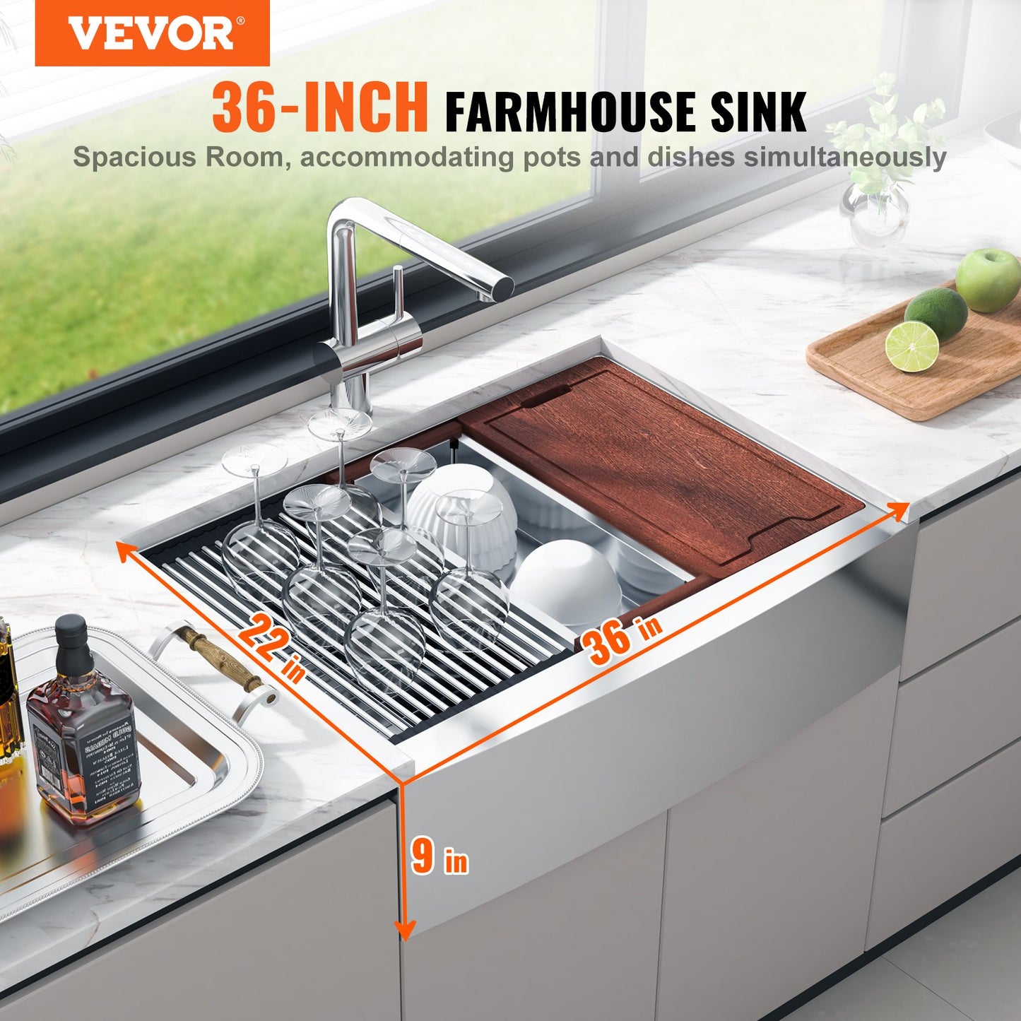 36-Inch Farmhouse Kitchen Sink - 304 Stainless Steel Drop-In Single Bowl with Accessories