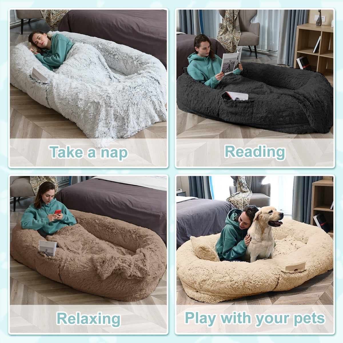 Oversized Human & Pet Dog Bed with Orthopedic Support - 71 x 45 Inch Faux Fur Lounger, Washable Cover, Pillow & Blanket Included