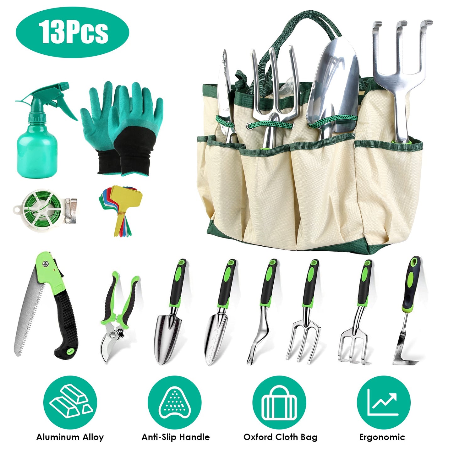 13-Piece Garden Tool Set with Aluminum Alloy Hand Tools & Storage Bag