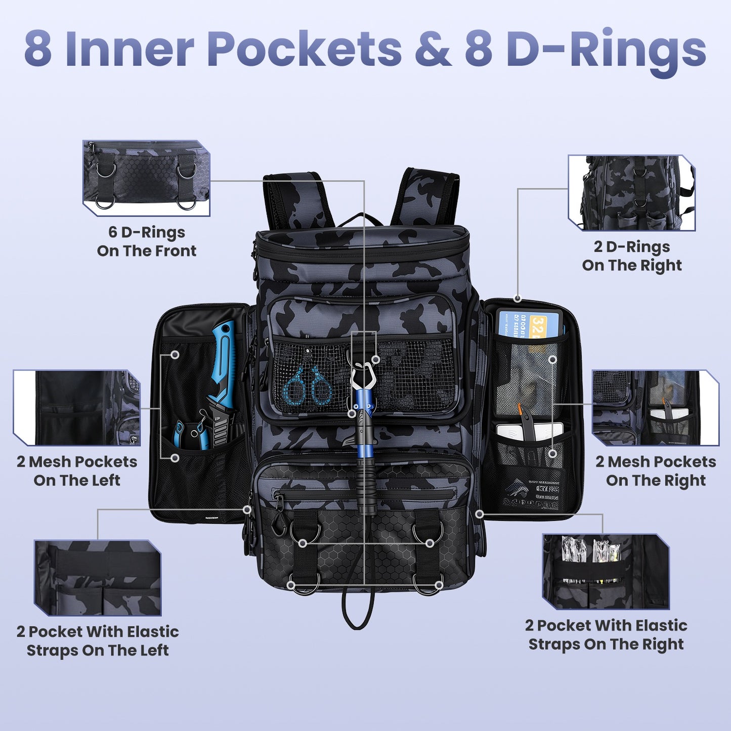 42L Fishing Backpack with 16 Pockets & Rod Holders - Camouflage
