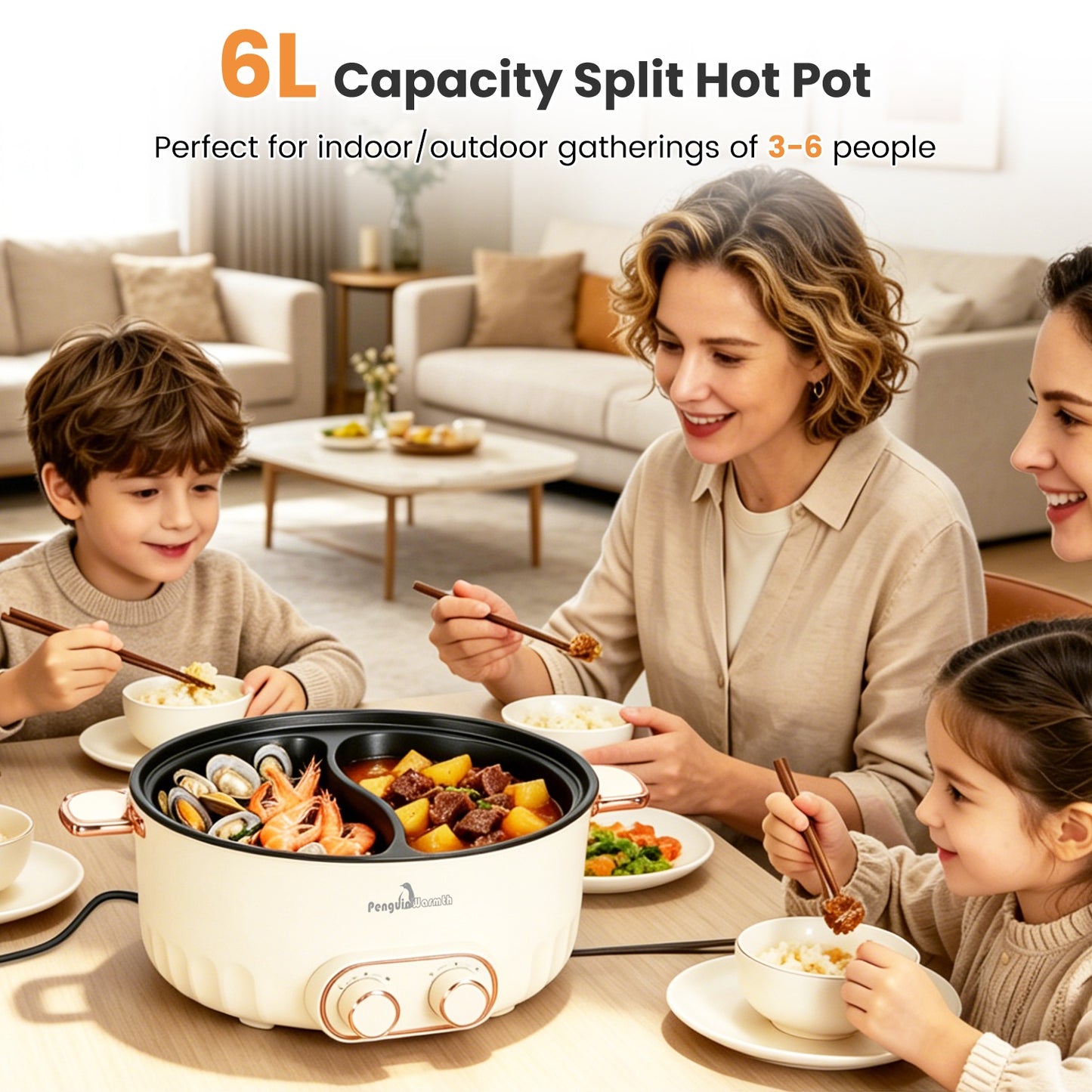 6L Electric Hot Pot with Divider & Lid - 2000W Stainless Steel