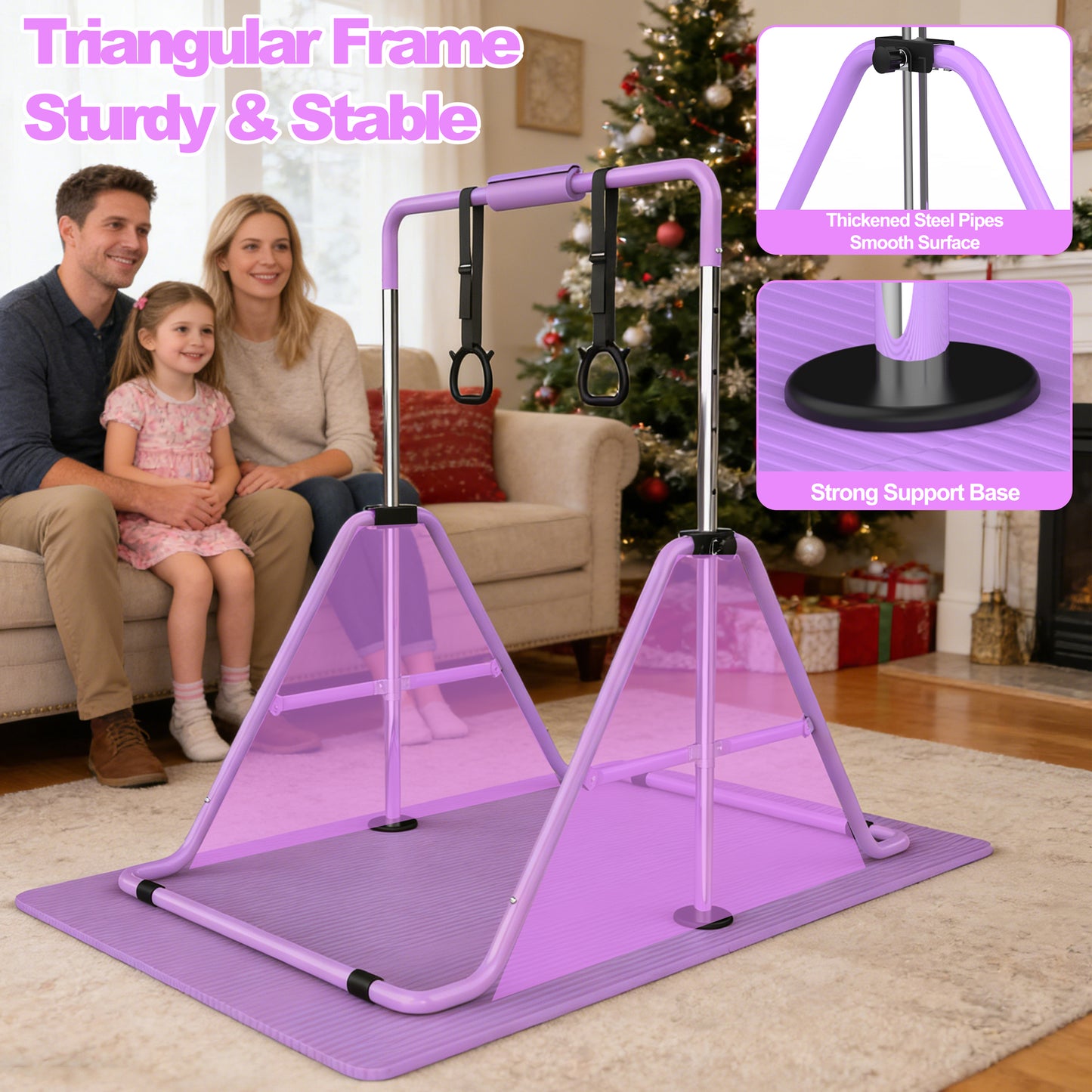 Adjustable Height Gymnastics Bar for Kids - Purple Training Bar with Mat