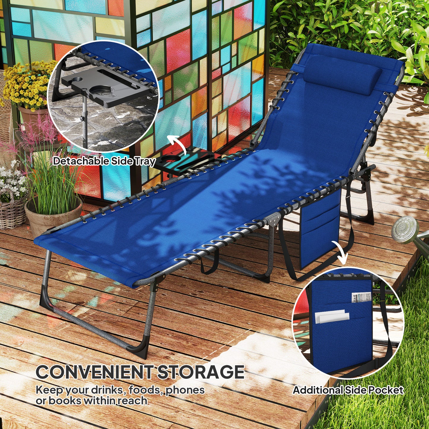 Folding Outdoor Chaise Lounge Chair with Adjustable Back and Side Table - Dark Blue