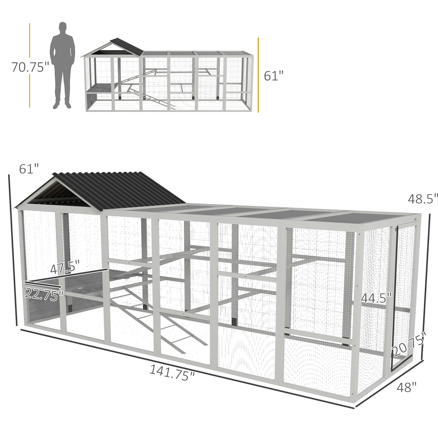 Wooden Chicken Coop Run for 6-10 Chickens with Storage and Perches - Gray, 141.75 x 48 x 61 inches