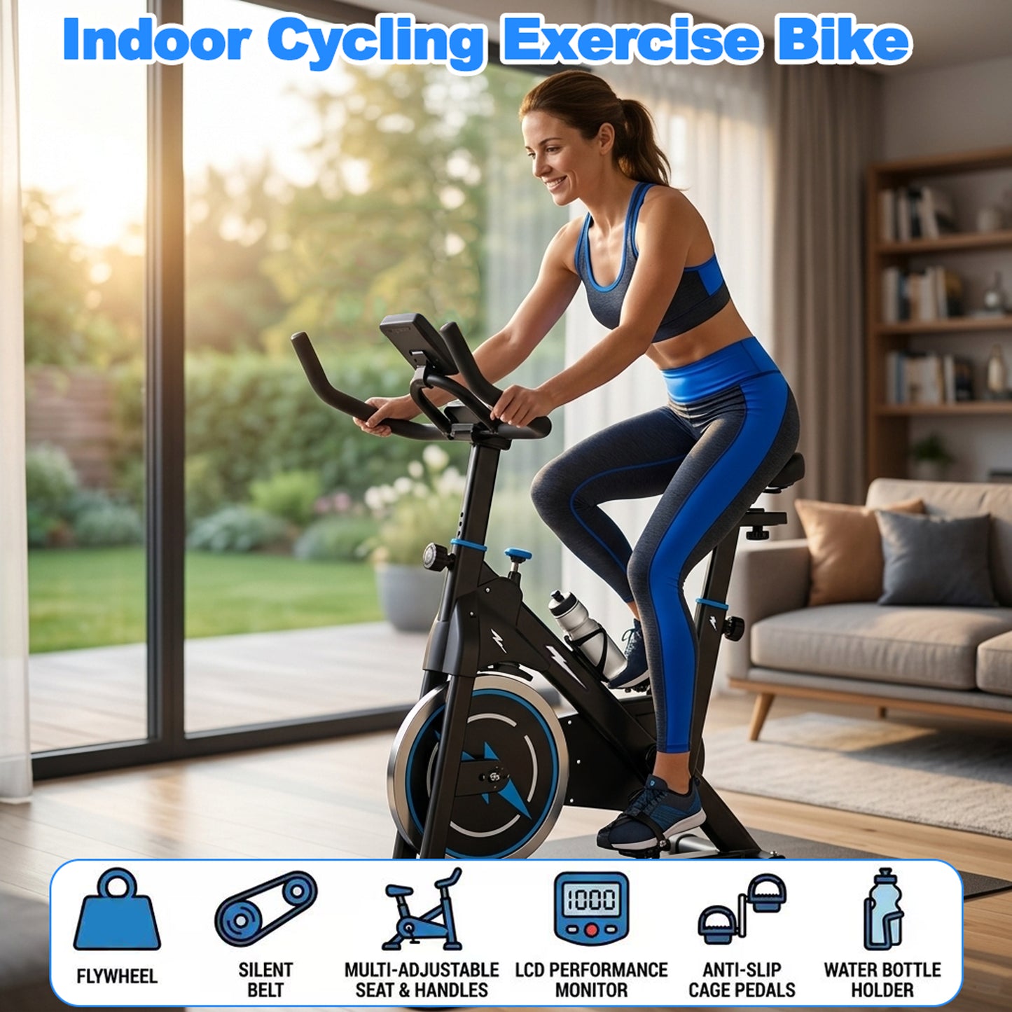 Indoor Exercise Bike with Adjustable Resistance & Monitor - Black/Blue