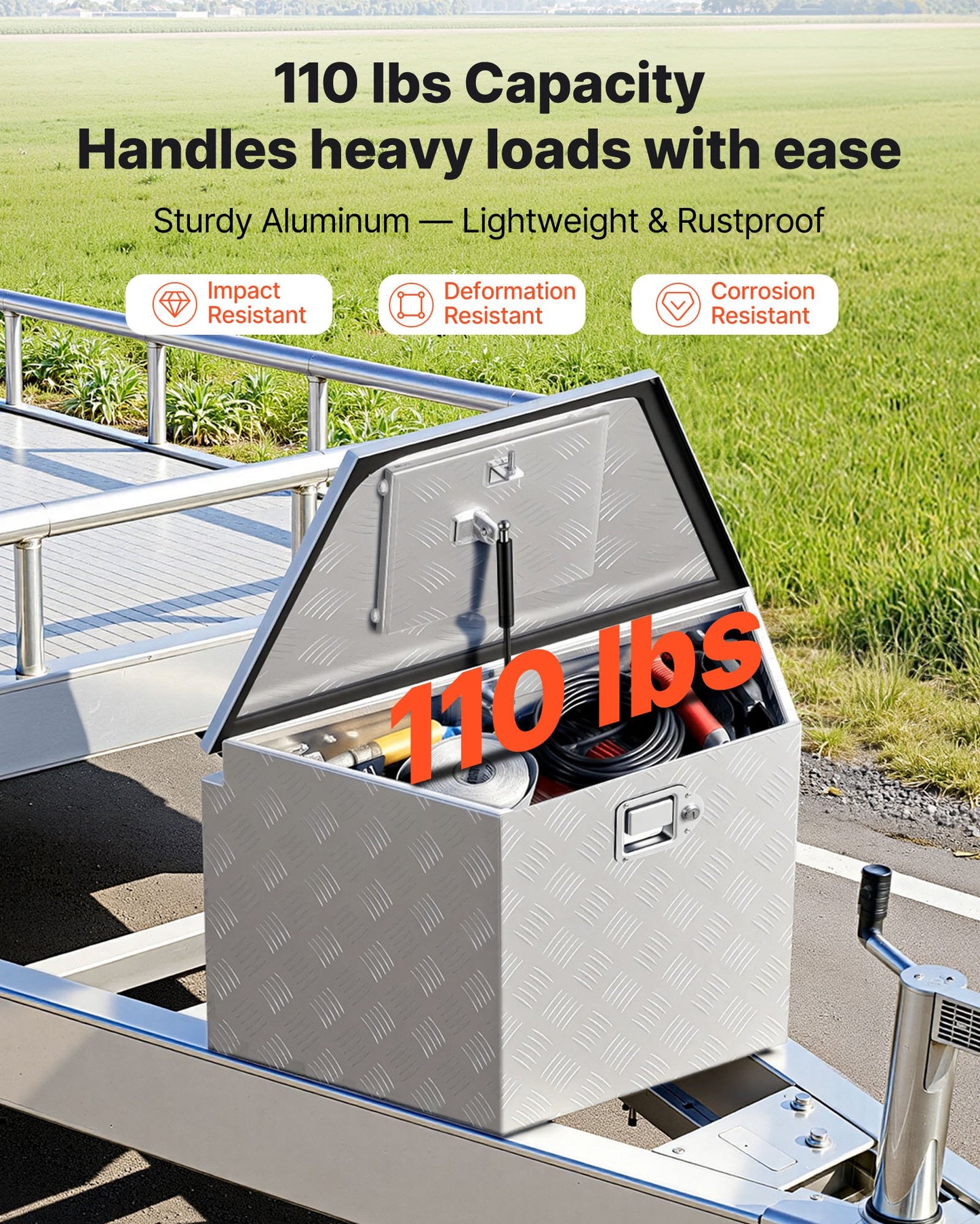 Heavy Duty Aluminum Trailer Tongue Box with Lock, 33 x 19 x 18 Inches, Weather-Resistant Storage Organizer, Black