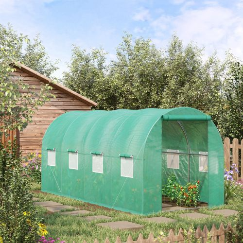 Walk-In Greenhouse with Steel Frame & Polyethylene Cover - 15x7x6.5 ft, Green