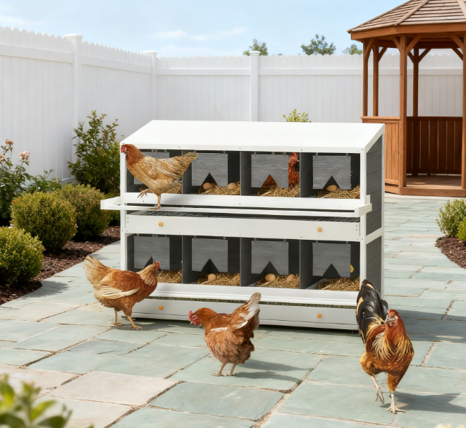 Wooden Chicken Nesting Box with 8 Compartments for Coop Egg Laying - Grey/White
