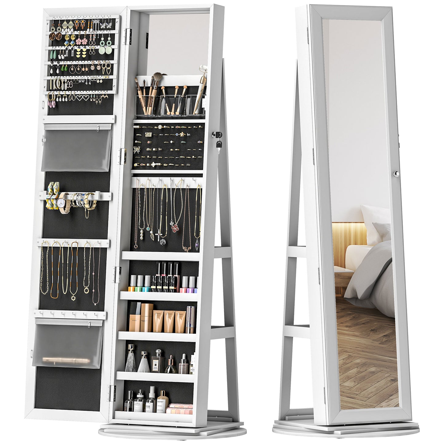 360° Swivel Jewelry Armoire with Full-Length Mirror - White