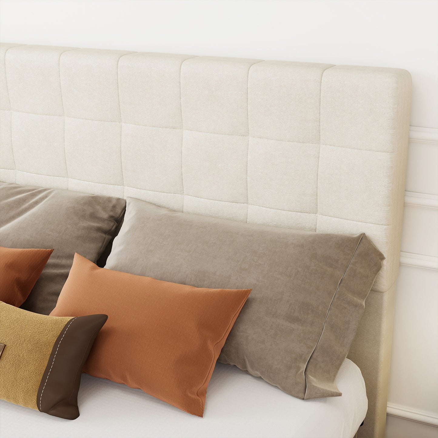 Bed Frame Upholstered Vertical Channel Headboard With 4 Storage