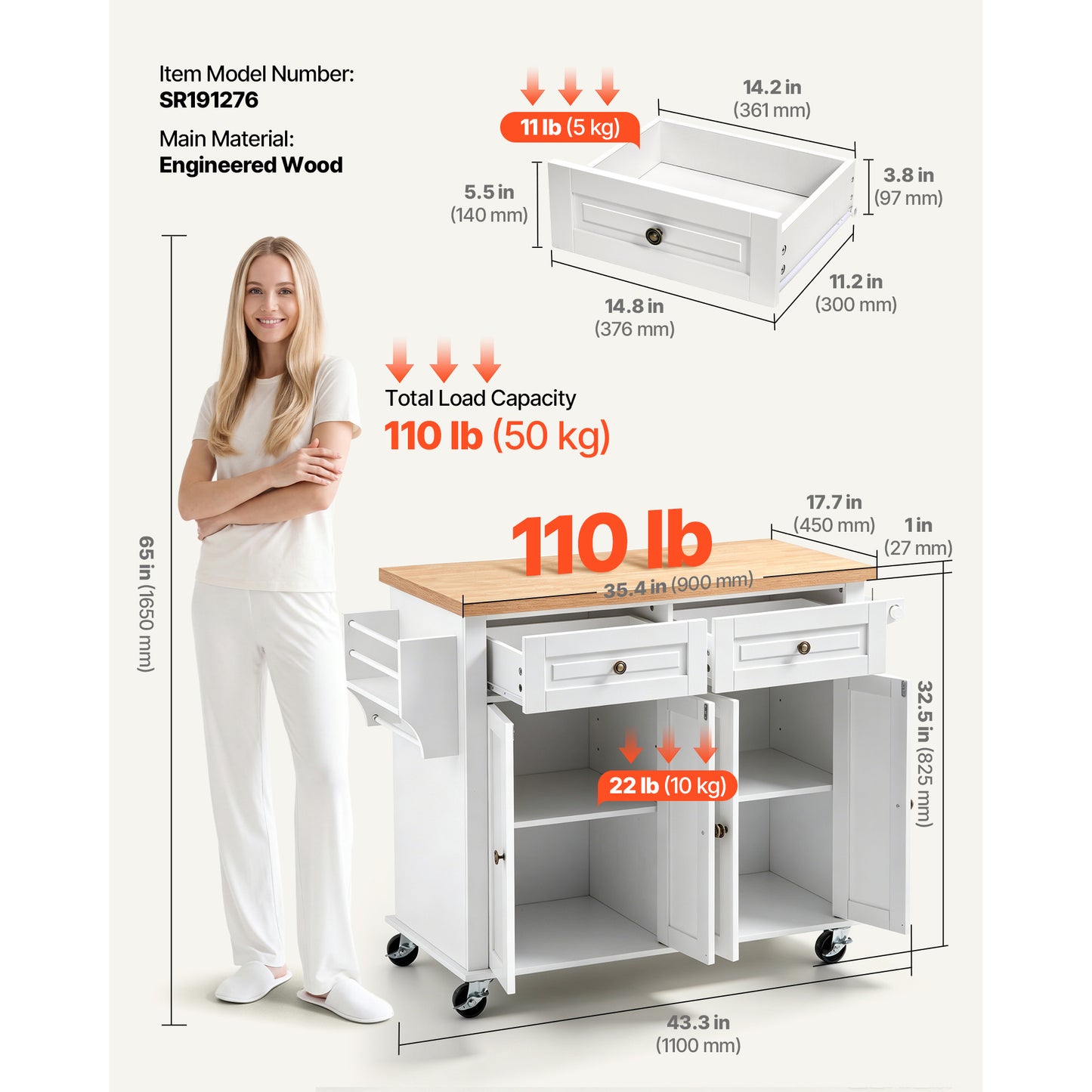 Kitchen Island Cart with Storage, Mobile Rolling Trolley with Drawers & Hooks, White