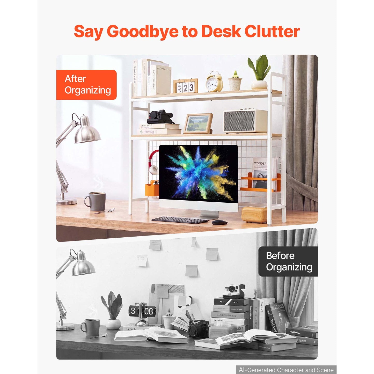 3-Tier Desktop Bookshelf Organizer with Metal Frame and Wooden Shelves - White